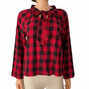 Madewell cotton tie neck red black buffalo plaid  blouse